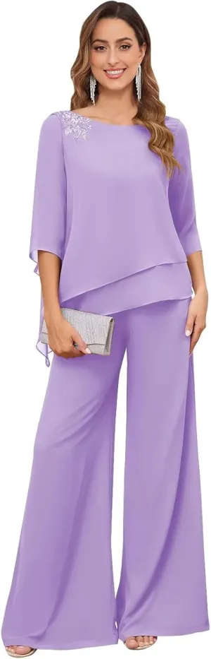 2 Pieces Mother of The Bride Pant Suits for Wedding Dressy Chiffon Lace Sequin Formal Wedding Guest Outfit