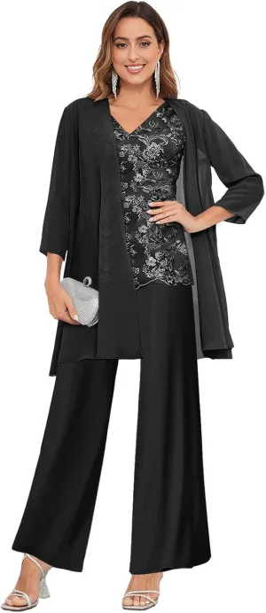 3 Pieces Mother of The Bride Pantsuits with Jacket for Wedding 3/4 Sleeve Formal Wedding Guest Evening Outfit