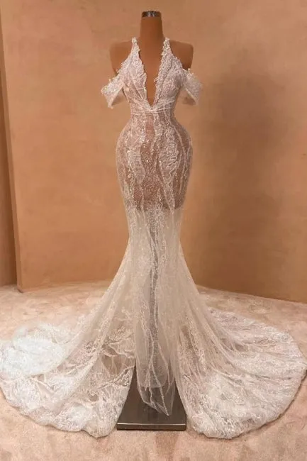 Attractive Long Ivory Halter Off-the-shoulder Mermaid Split Front Prom Dress with Lace