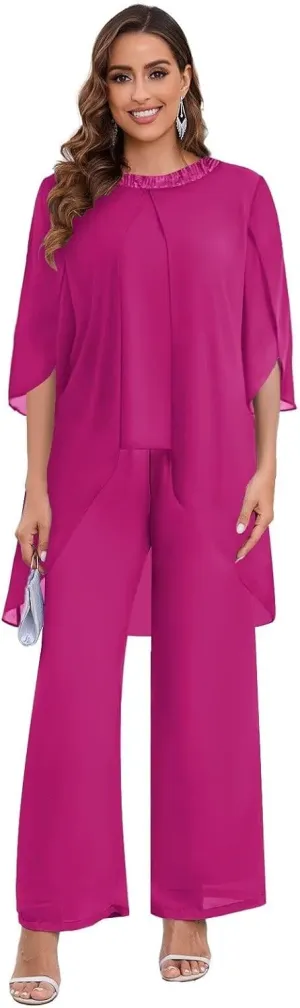BANTRATIC 2 Pieces Mother of The Bride Pantsuits for Wedding Half Sleeve Chiffon Formal Evening Prom Cocktail Pant Outfit