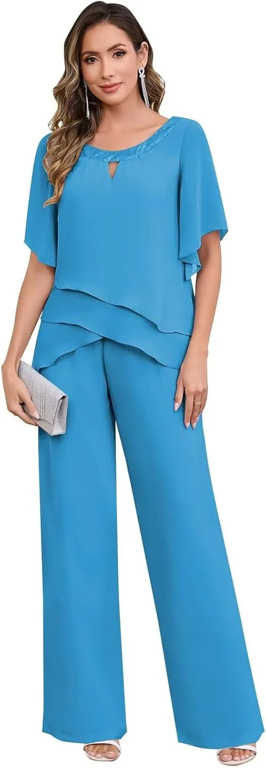 BANTRATIC 2 Pieces Mother of The Bride Pantsuits for Wedding Half Sleeve Formal Chiffon Evening Prom Cocktail Pant Outfit