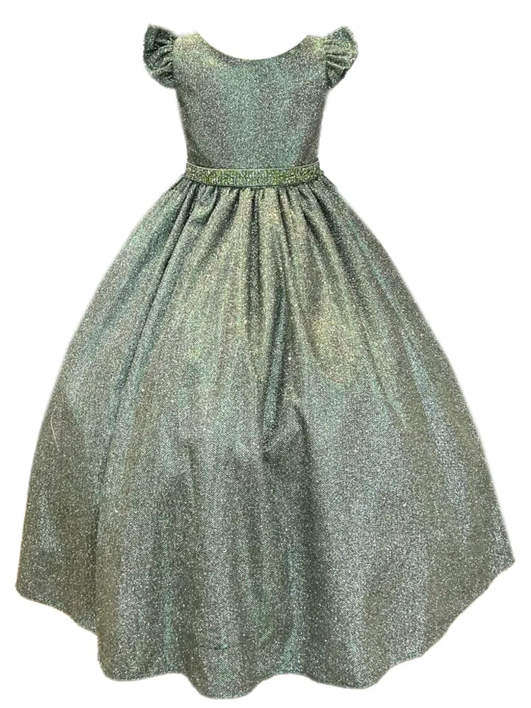 Big Girls Emerald Green Metallic Flutter Sleeve Junior Bridesmaid Dress 8-16