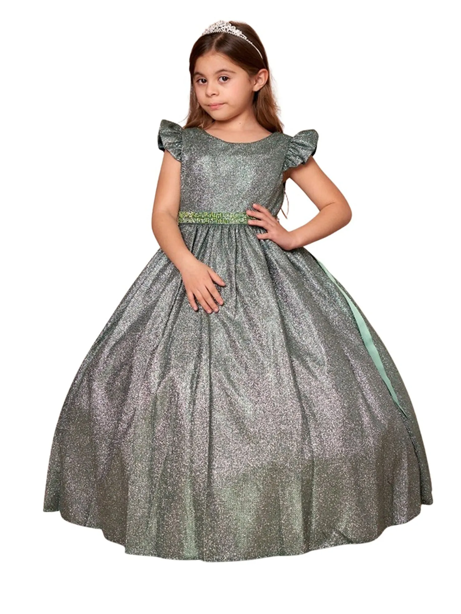 Big Girls Emerald Green Metallic Flutter Sleeve Junior Bridesmaid Dress 8-16