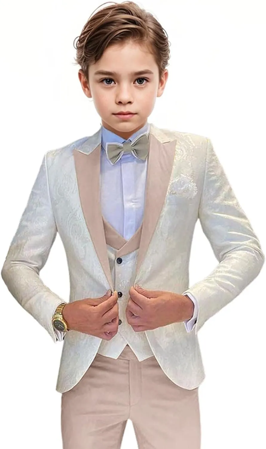 Boys Tuxedo Suit Jacquard Slim Fit 3 Piece Kids Tuxedo Suits for Boys Formal Wedding Suit Blazer Vest Pants