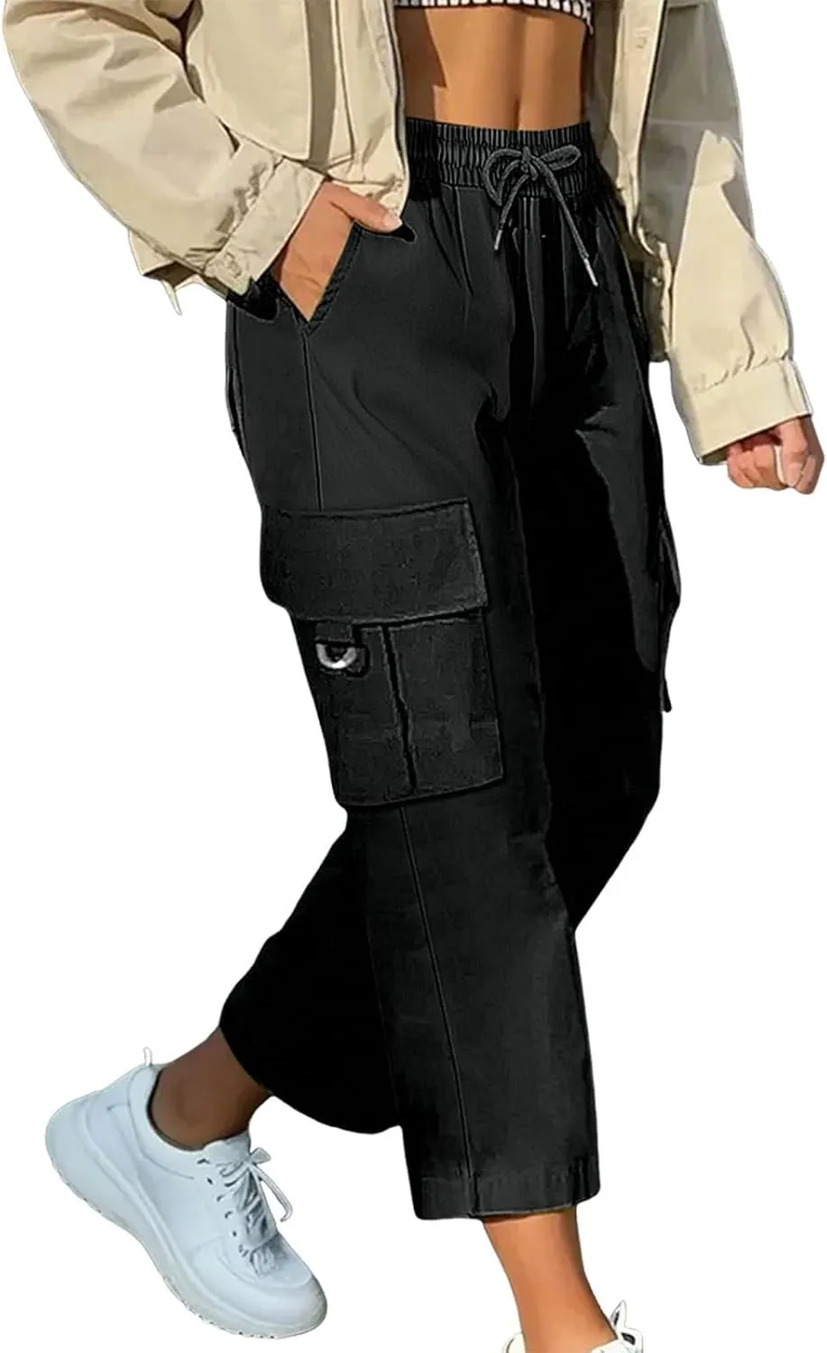 Cargo Capris for Women with Pocket Summer Mid Rise Lightweight Elastic Waist Pants Stretchy Tactical Tavel Hiking Pant