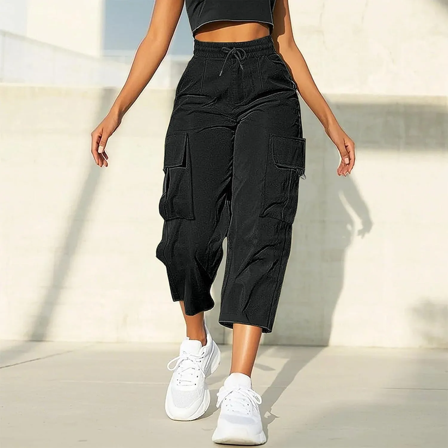 Cargo Capris for Women with Pocket Summer Mid Rise Lightweight Elastic Waist Pants Stretchy Tactical Tavel Hiking Pant