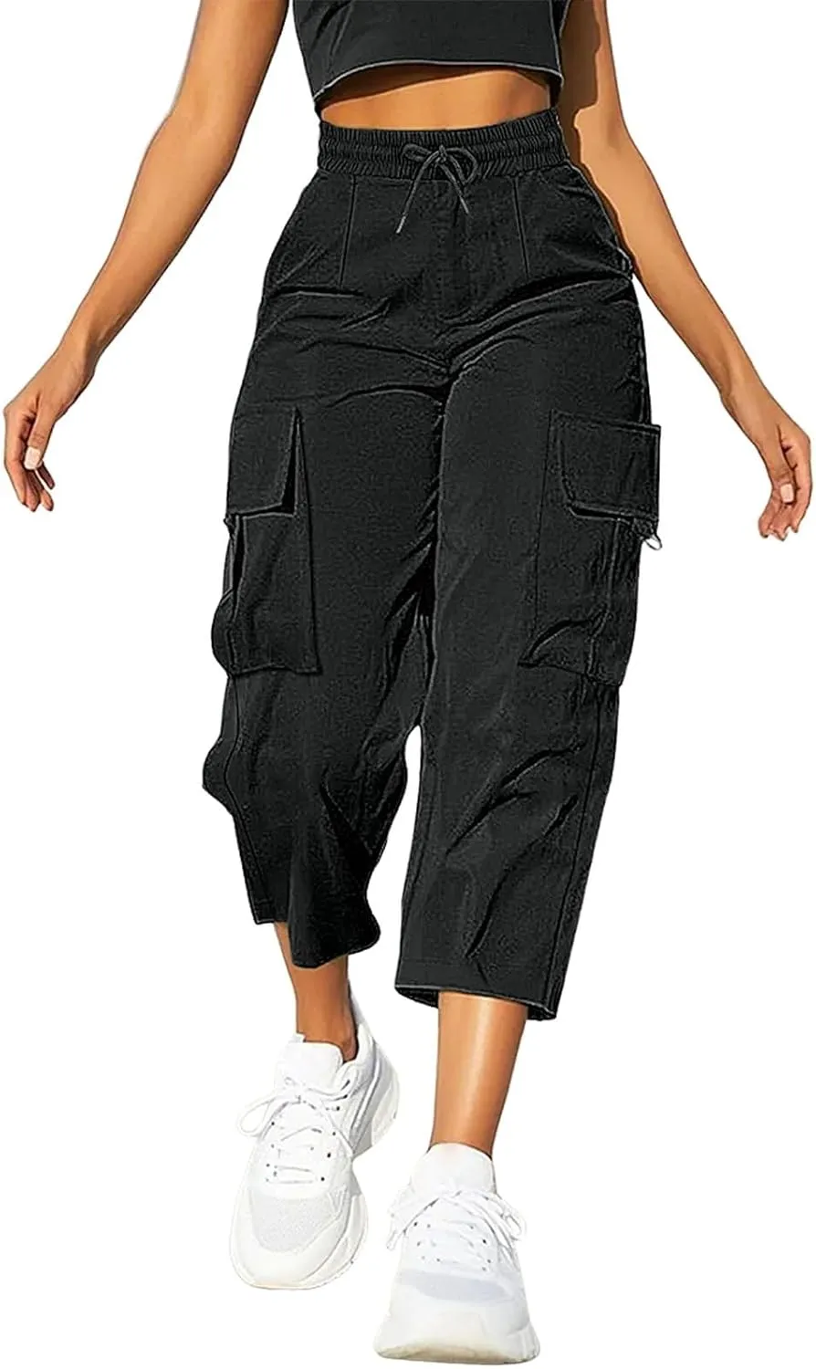 Cargo Capris for Women with Pocket Summer Mid Rise Lightweight Elastic Waist Pants Stretchy Tactical Tavel Hiking Pant