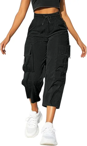 Cargo Capris for Women with Pocket Summer Mid Rise Lightweight Elastic Waist Pants Stretchy Tactical Tavel Hiking Pant