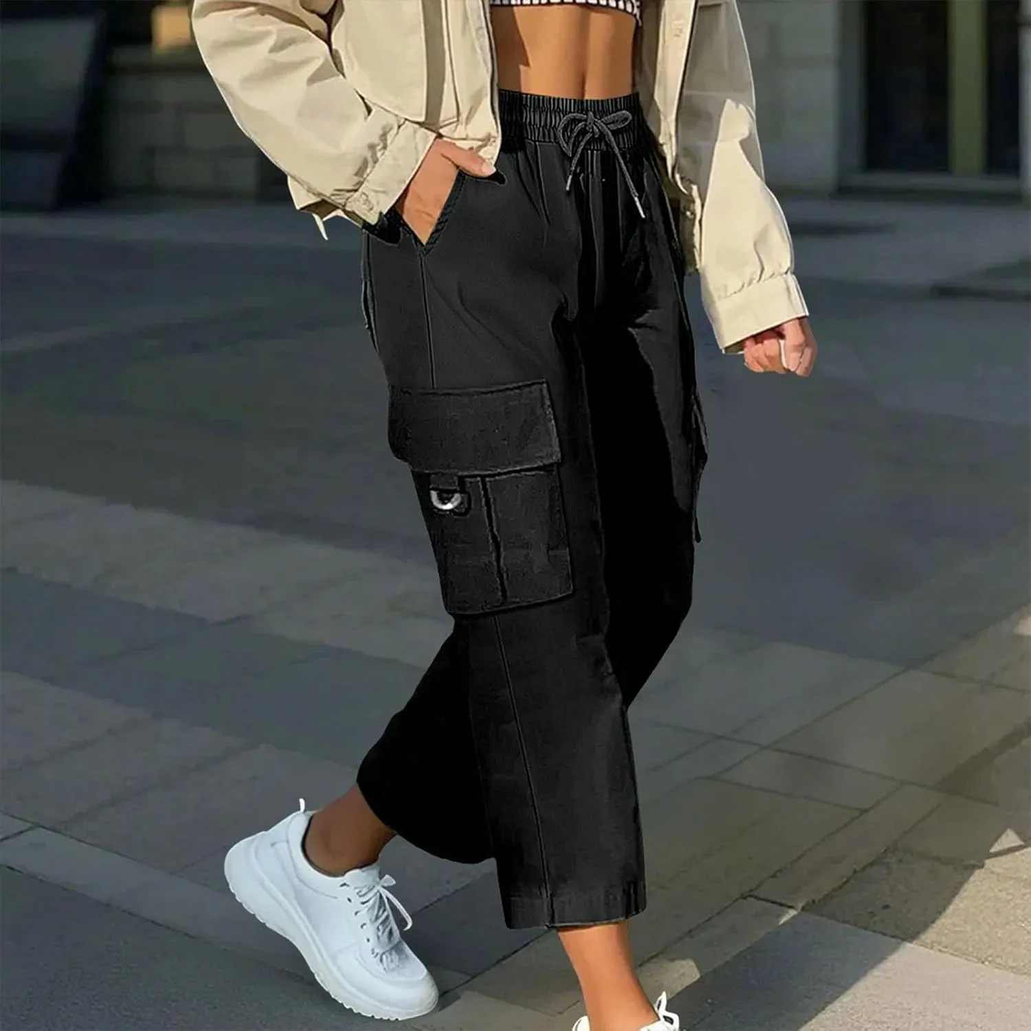 Cargo Capris for Women with Pocket Summer Mid Rise Lightweight Elastic Waist Pants Stretchy Tactical Tavel Hiking Pant