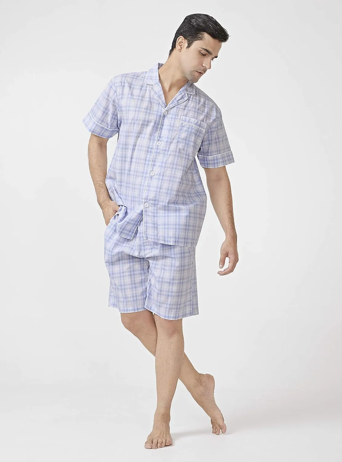 DAVID ARCHY Men's Lightweight Sleepwear Woven Cotton Button-Down Short Sleeve Pajamas Set Summer Loungewear