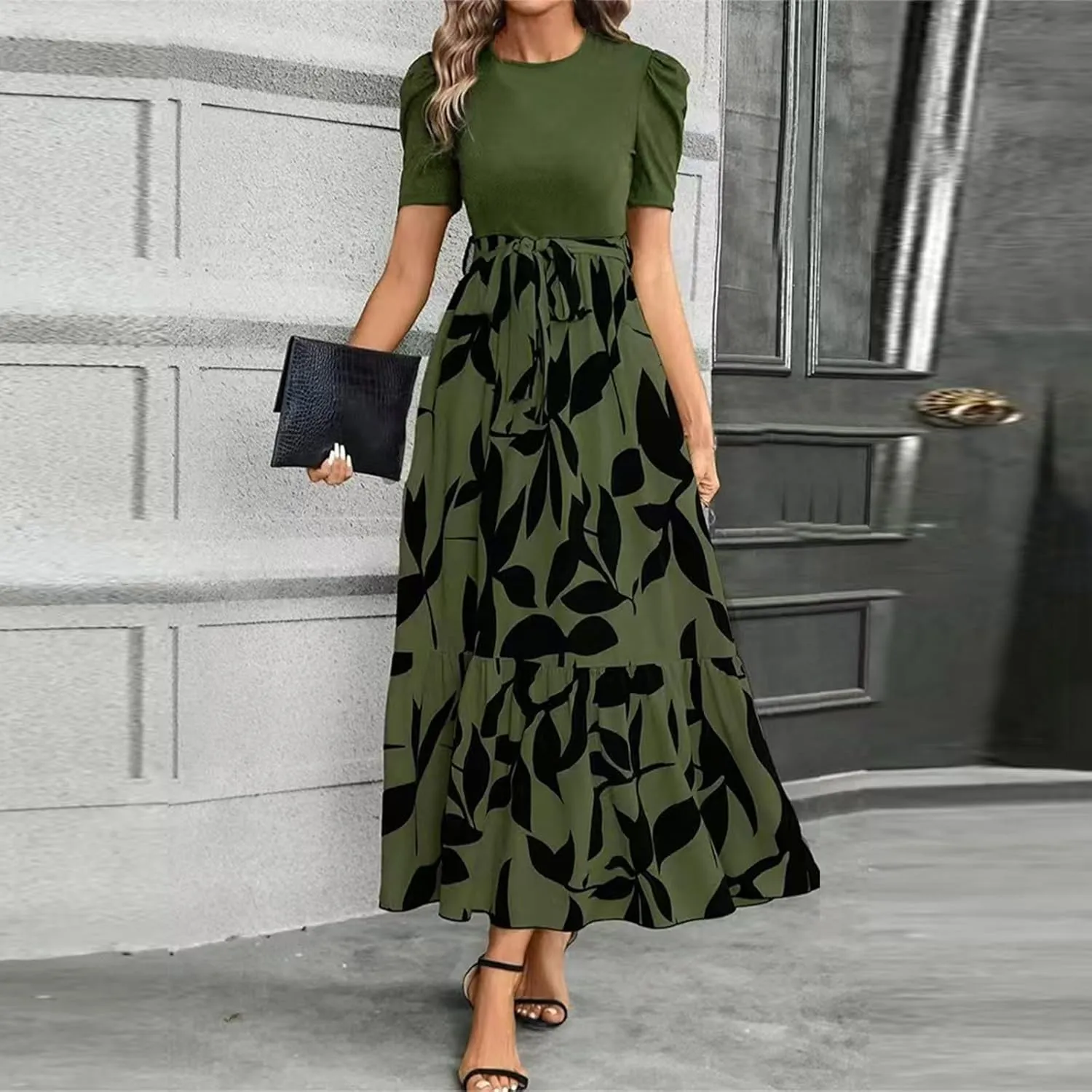 Floral Maxi Dress for Women Summer Wedding Guest Short Sleeve Empire Waist Tie Front Belted Patchwork Wrap Dress