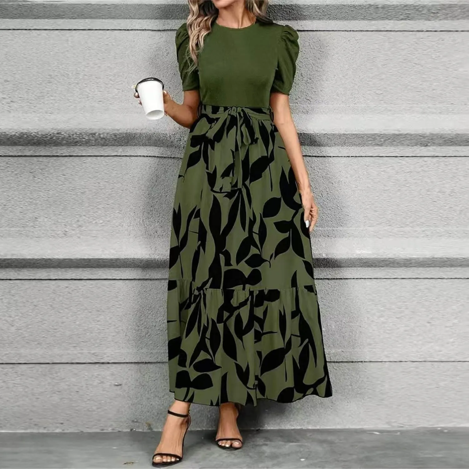 Floral Maxi Dress for Women Summer Wedding Guest Short Sleeve Empire Waist Tie Front Belted Patchwork Wrap Dress