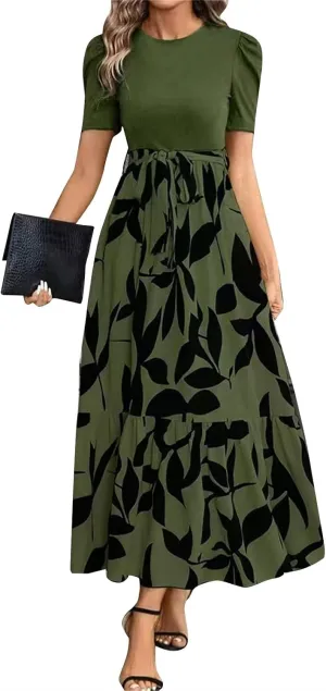 Floral Maxi Dress for Women Summer Wedding Guest Short Sleeve Empire Waist Tie Front Belted Patchwork Wrap Dress
