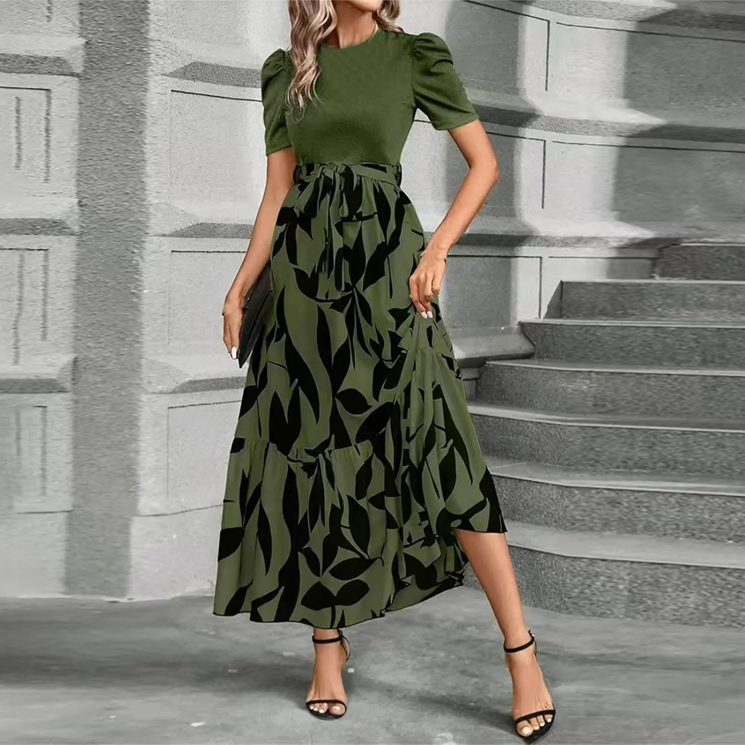Floral Maxi Dress for Women Summer Wedding Guest Short Sleeve Empire Waist Tie Front Belted Patchwork Wrap Dress