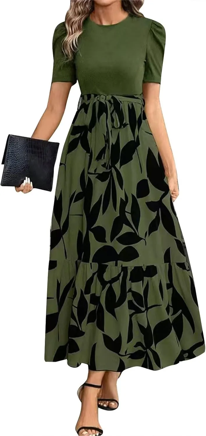 Floral Maxi Dress for Women Summer Wedding Guest Short Sleeve Empire Waist Tie Front Belted Patchwork Wrap Dress