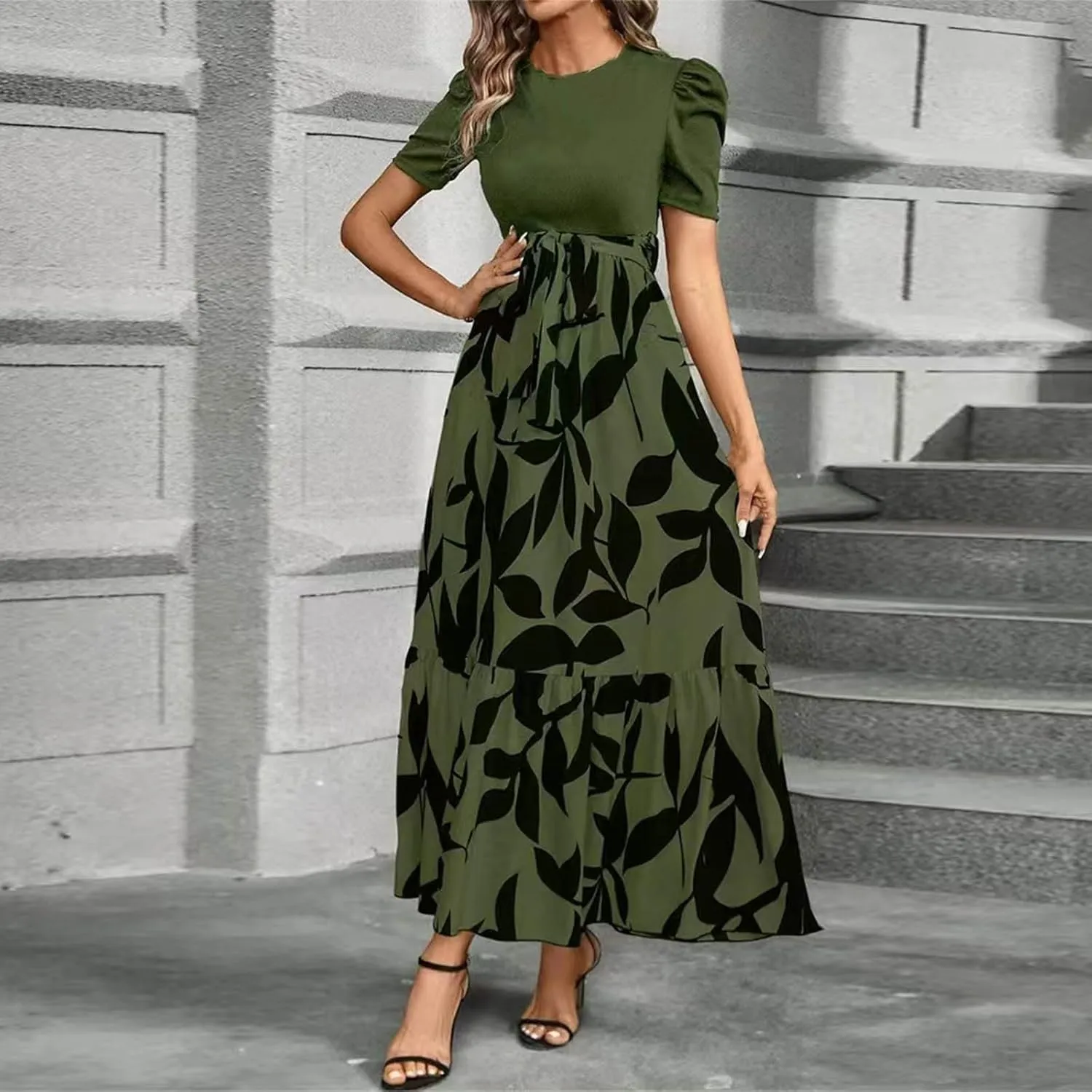 Floral Maxi Dress for Women Summer Wedding Guest Short Sleeve Empire Waist Tie Front Belted Patchwork Wrap Dress