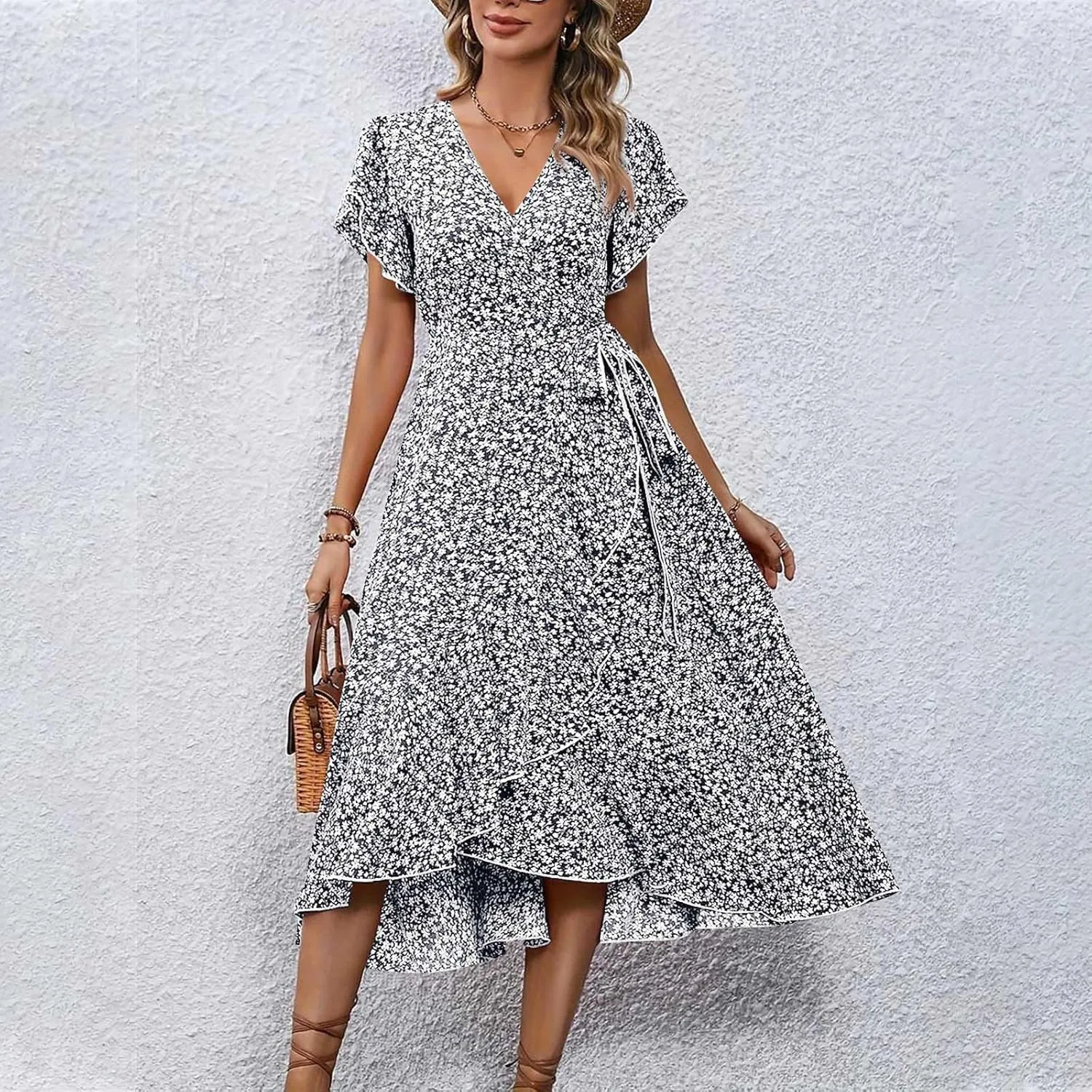Floral Midi Dress for Women Summer V Neck Flutter Sleeve Empire Waist Belted Ruffle Midi Dress for Wedding Guest