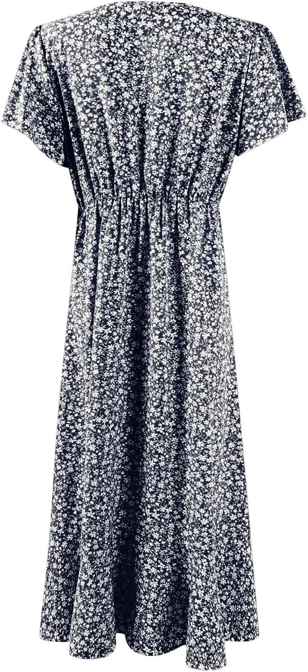 Floral Midi Dress for Women Summer V Neck Flutter Sleeve Empire Waist Belted Ruffle Midi Dress for Wedding Guest