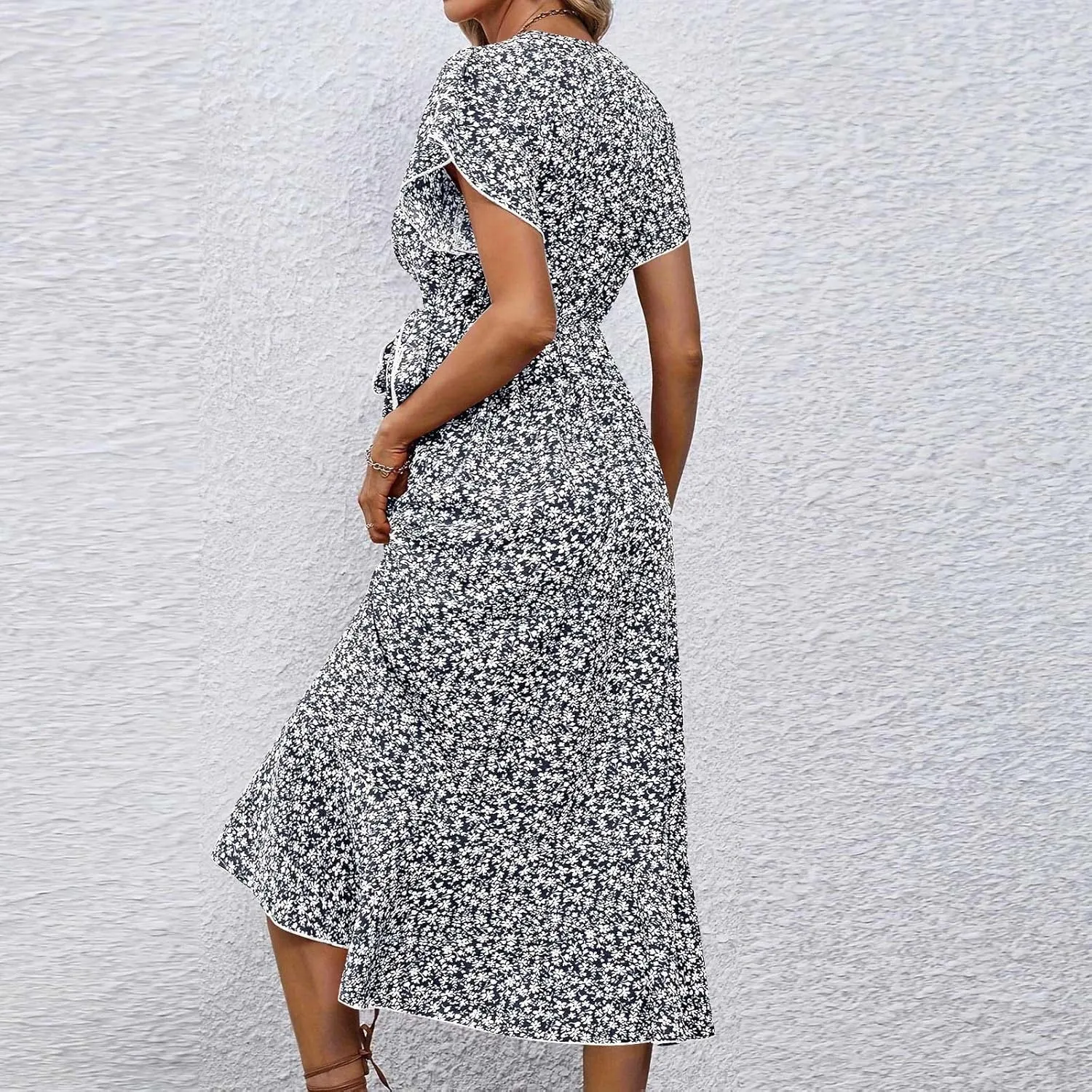 Floral Midi Dress for Women Summer V Neck Flutter Sleeve Empire Waist Belted Ruffle Midi Dress for Wedding Guest