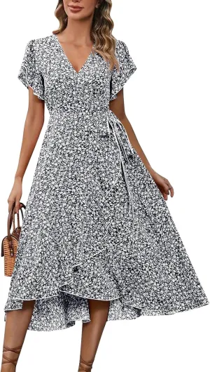 Floral Midi Dress for Women Summer V Neck Flutter Sleeve Empire Waist Belted Ruffle Midi Dress for Wedding Guest