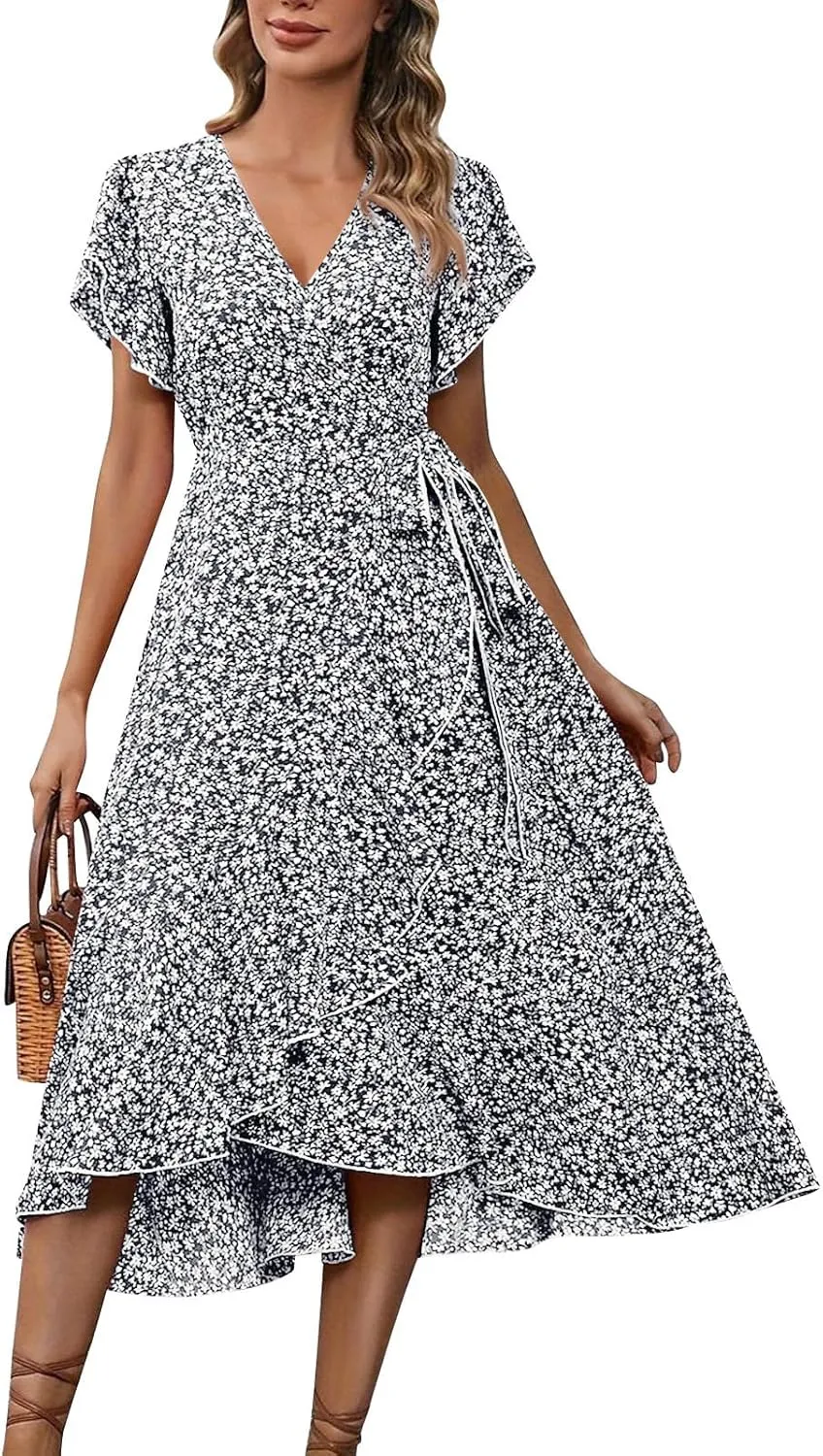 Floral Midi Dress for Women Summer V Neck Flutter Sleeve Empire Waist Belted Ruffle Midi Dress for Wedding Guest