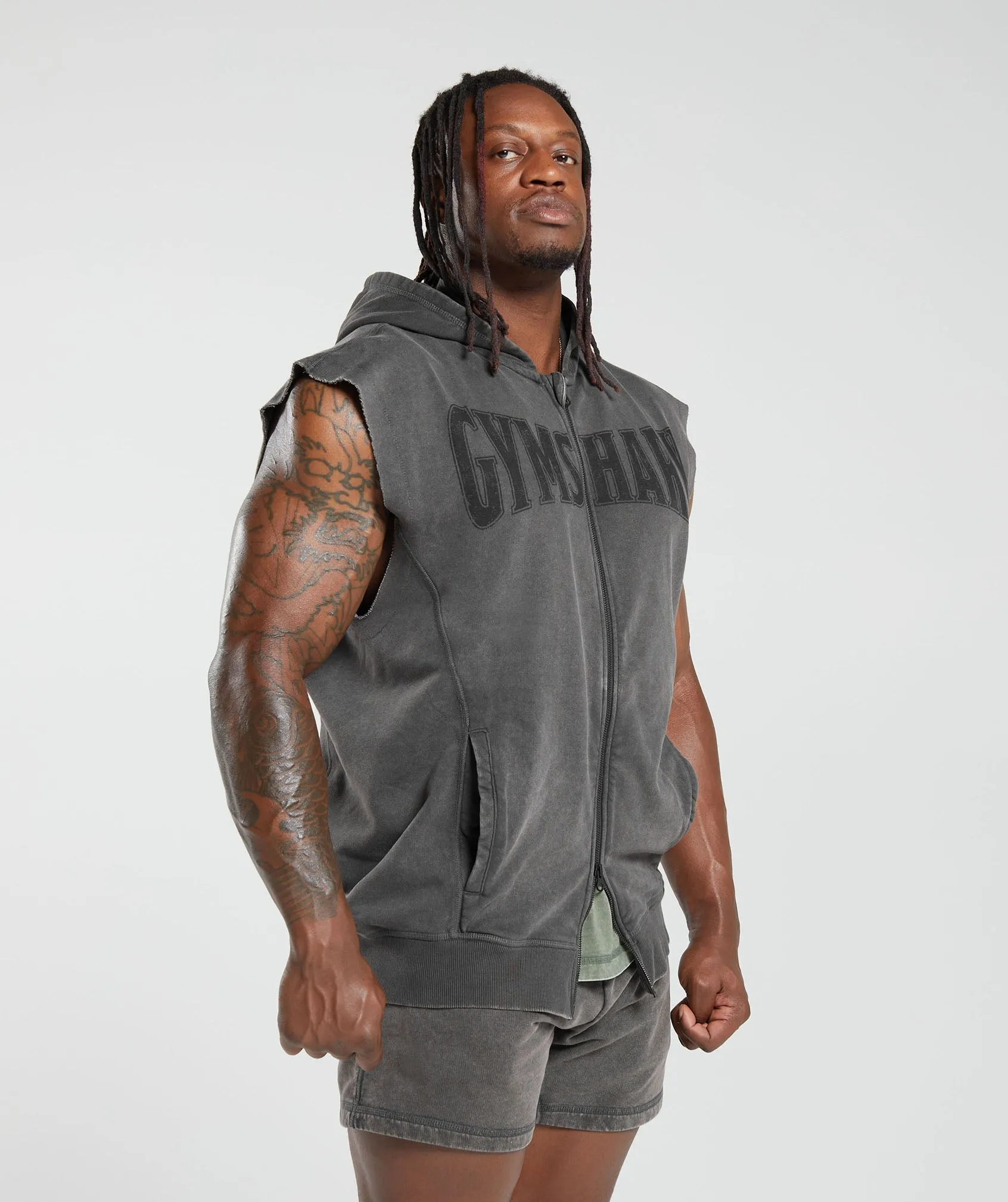 Gymshark Heritage Washed Sleeveless Zip Hoodie - Onyx Grey