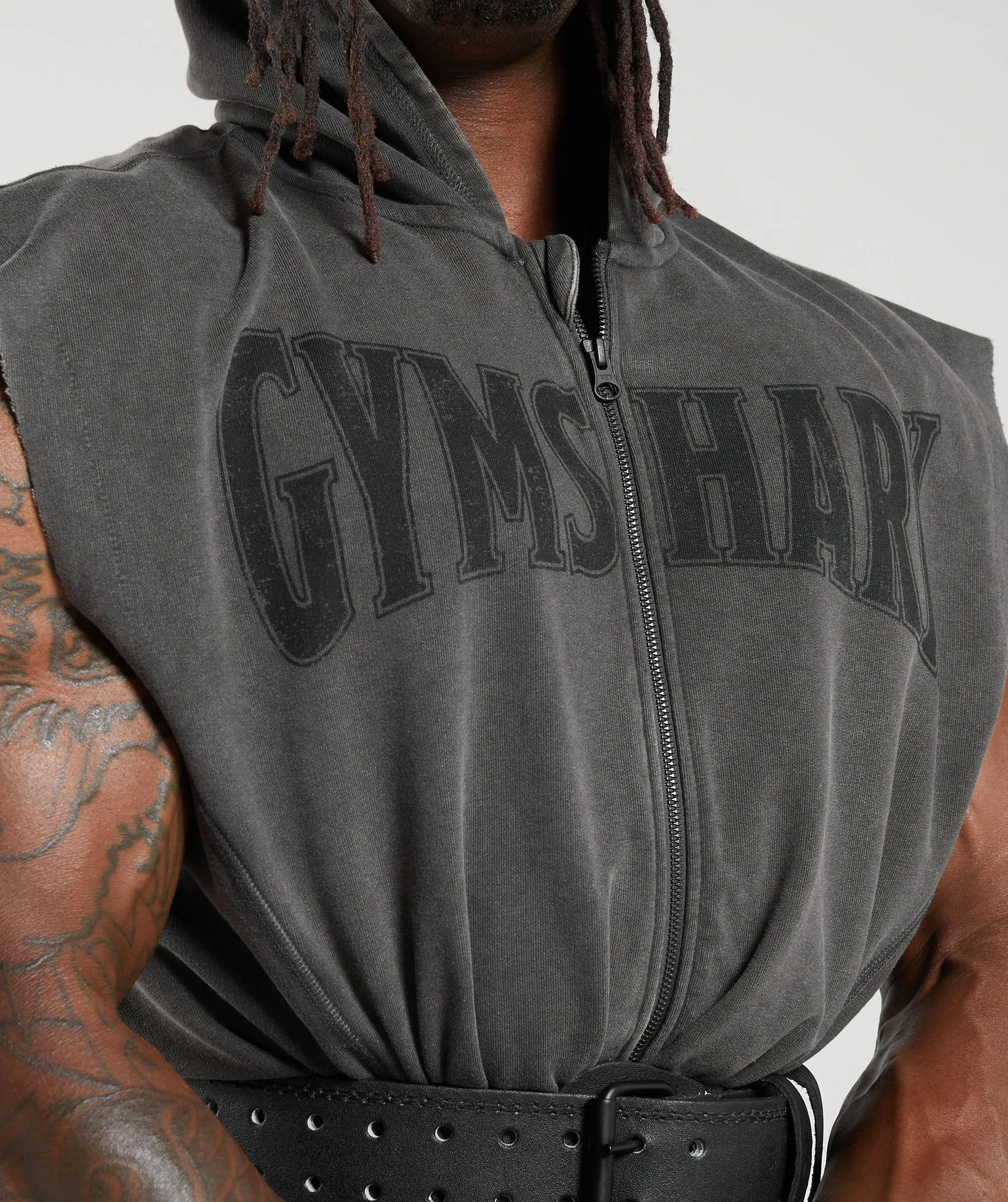 Gymshark Heritage Washed Sleeveless Zip Hoodie - Onyx Grey