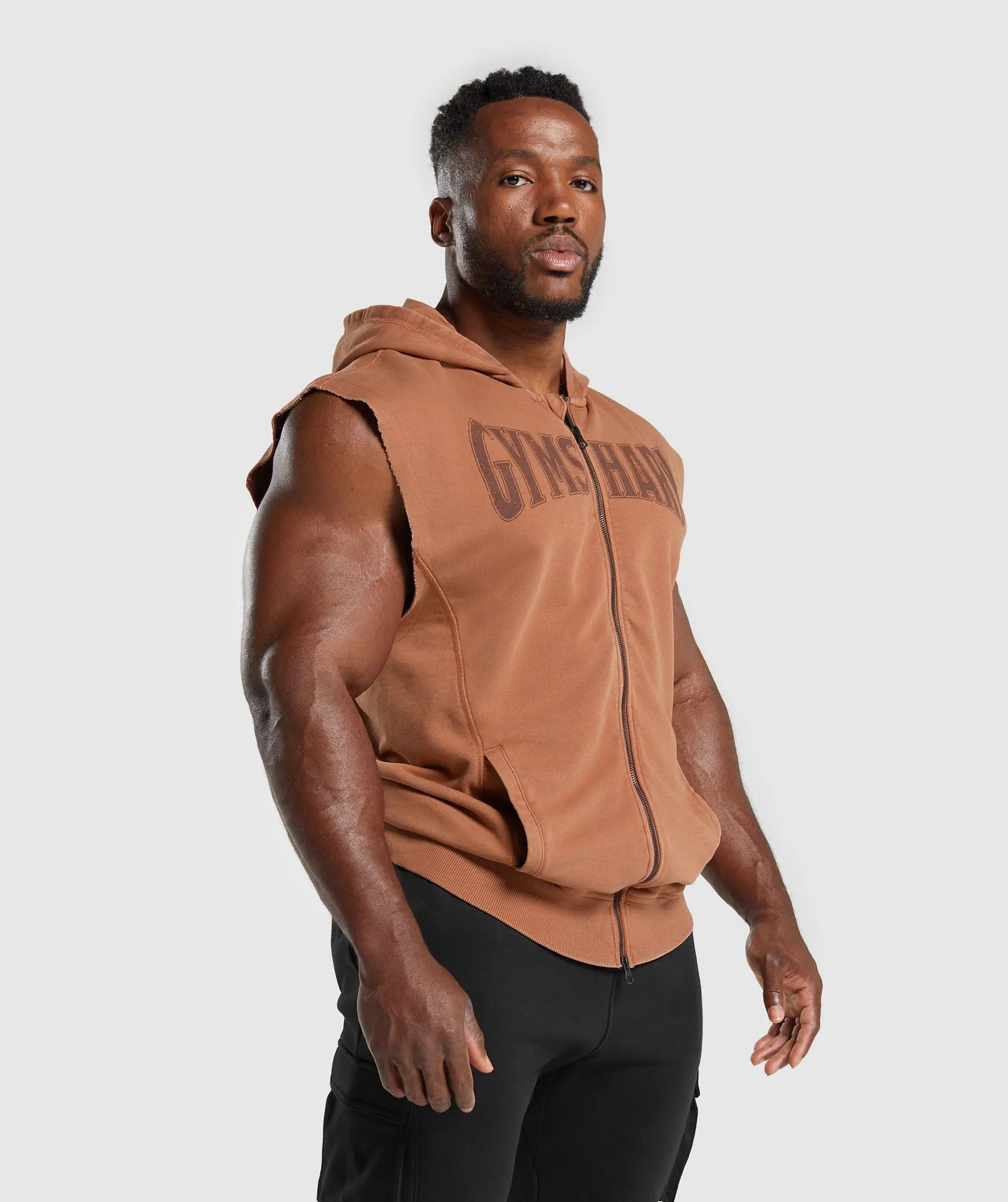 Gymshark Heritage Washed Sleeveless Zip Up Hoodie - Canyon Brown