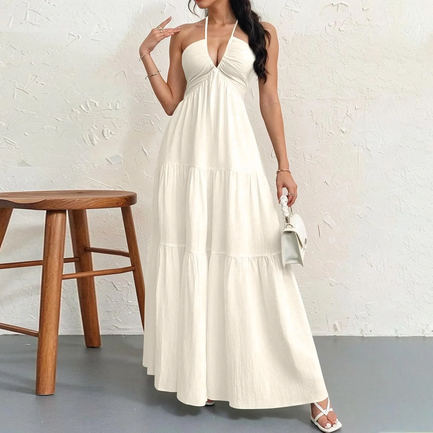 Halter Maxi Dresses for Women 2025 Elegant V Neck Spaghetti Strap Dress Casual Boho Tiered Hem a Line Corset Sundress