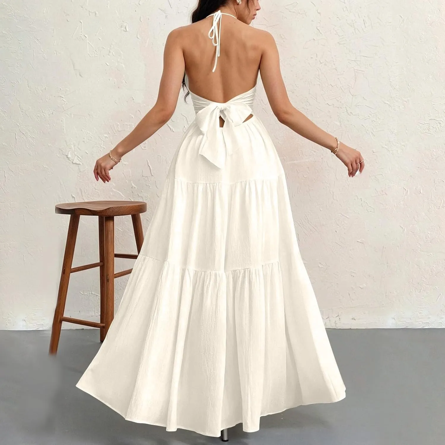 Halter Maxi Dresses for Women 2025 Elegant V Neck Spaghetti Strap Dress Casual Boho Tiered Hem a Line Corset Sundress