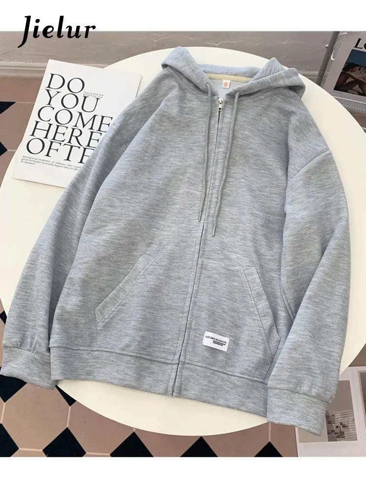 Jielur Loose Zip-up Hooded Green Sweatshirt for Women Autumn Zipper Korean Hoodies Long Sleeve Apricot Top Female Streetwear