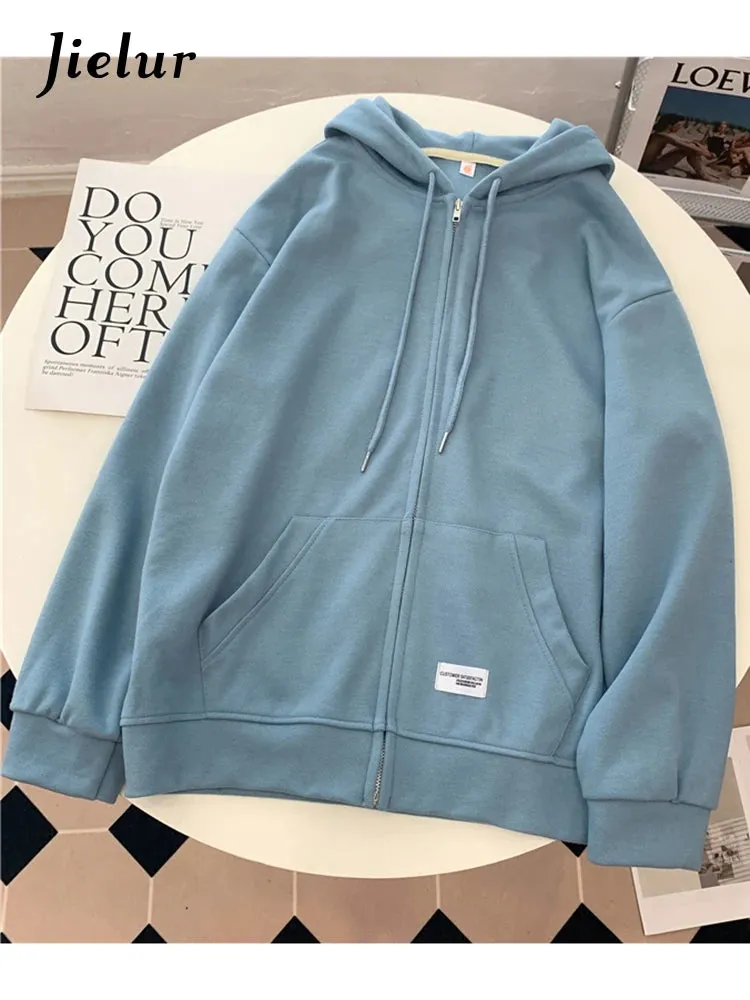 Jielur Loose Zip-up Hooded Green Sweatshirt for Women Autumn Zipper Korean Hoodies Long Sleeve Apricot Top Female Streetwear