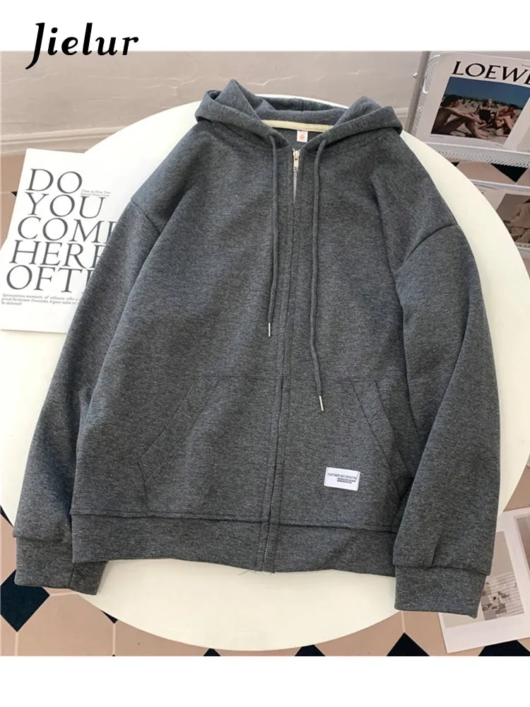 Jielur Loose Zip-up Hooded Green Sweatshirt for Women Autumn Zipper Korean Hoodies Long Sleeve Apricot Top Female Streetwear