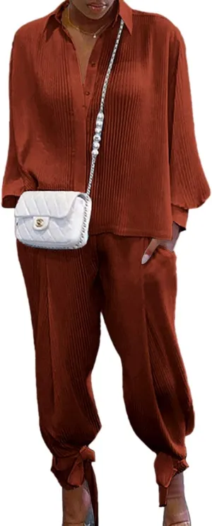 KMBANGI Women Solid 2 Piece Outfits Long Sleeve Loose Shirt Blouse Top Harem Pants Jumpsuit Sets Ladies Casual Suit