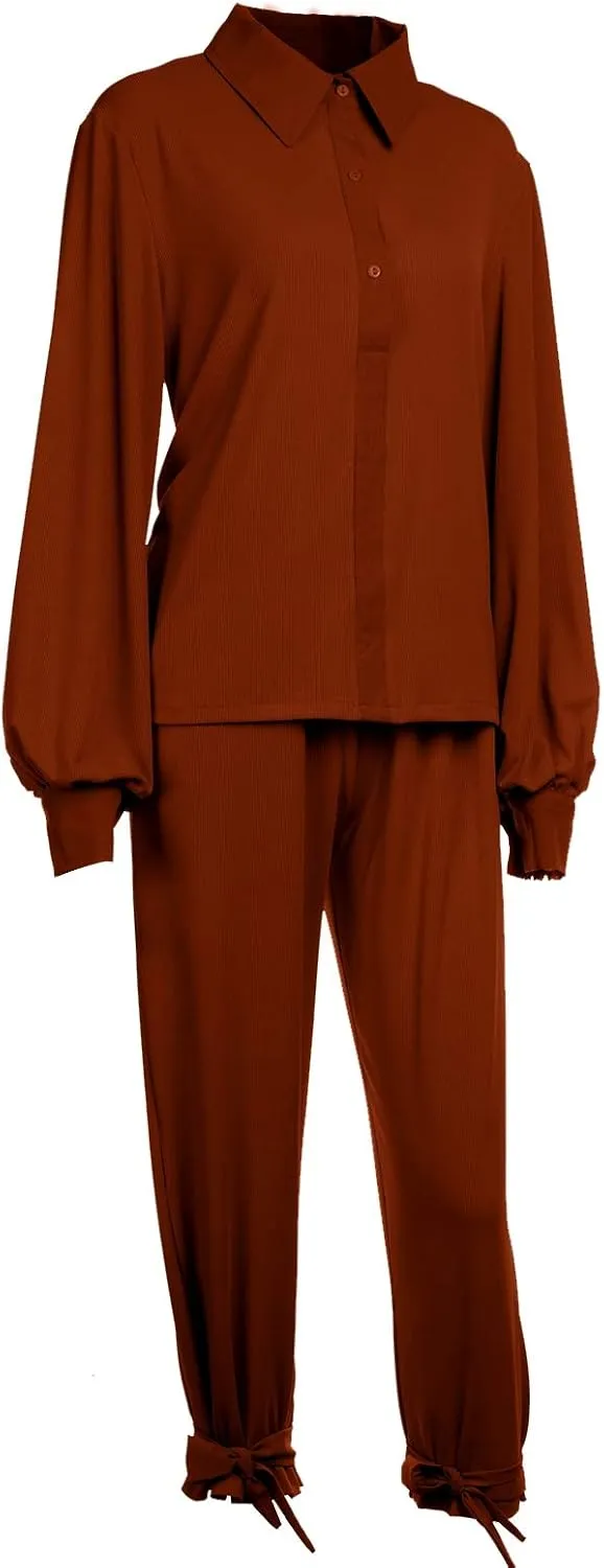 KMBANGI Women Solid 2 Piece Outfits Long Sleeve Loose Shirt Blouse Top Harem Pants Jumpsuit Sets Ladies Casual Suit