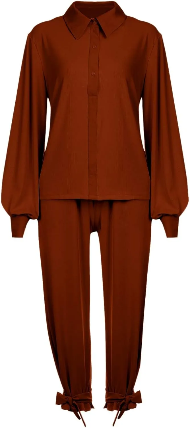 KMBANGI Women Solid 2 Piece Outfits Long Sleeve Loose Shirt Blouse Top Harem Pants Jumpsuit Sets Ladies Casual Suit