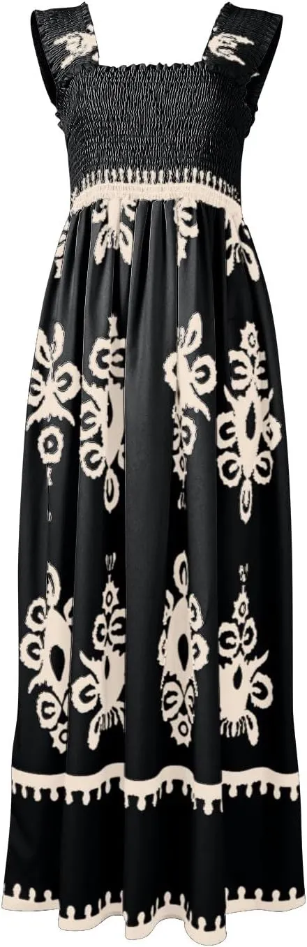 Maxi Sundress Boho Summer Beach Vacation Loose Sleeveless Smocked Empire Waist A Line Dress Casual Long Flowy Dresses