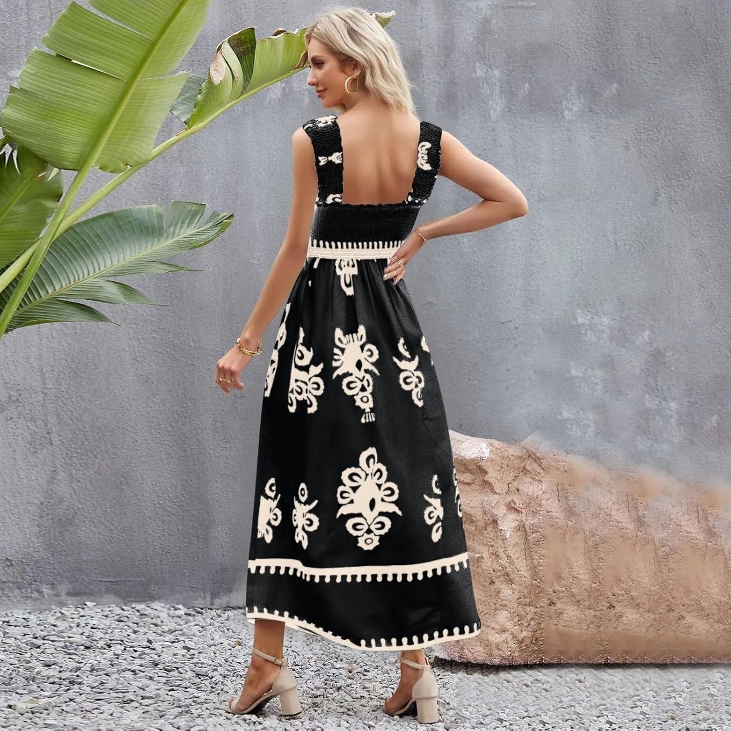 Maxi Sundress Boho Summer Beach Vacation Loose Sleeveless Smocked Empire Waist A Line Dress Casual Long Flowy Dresses