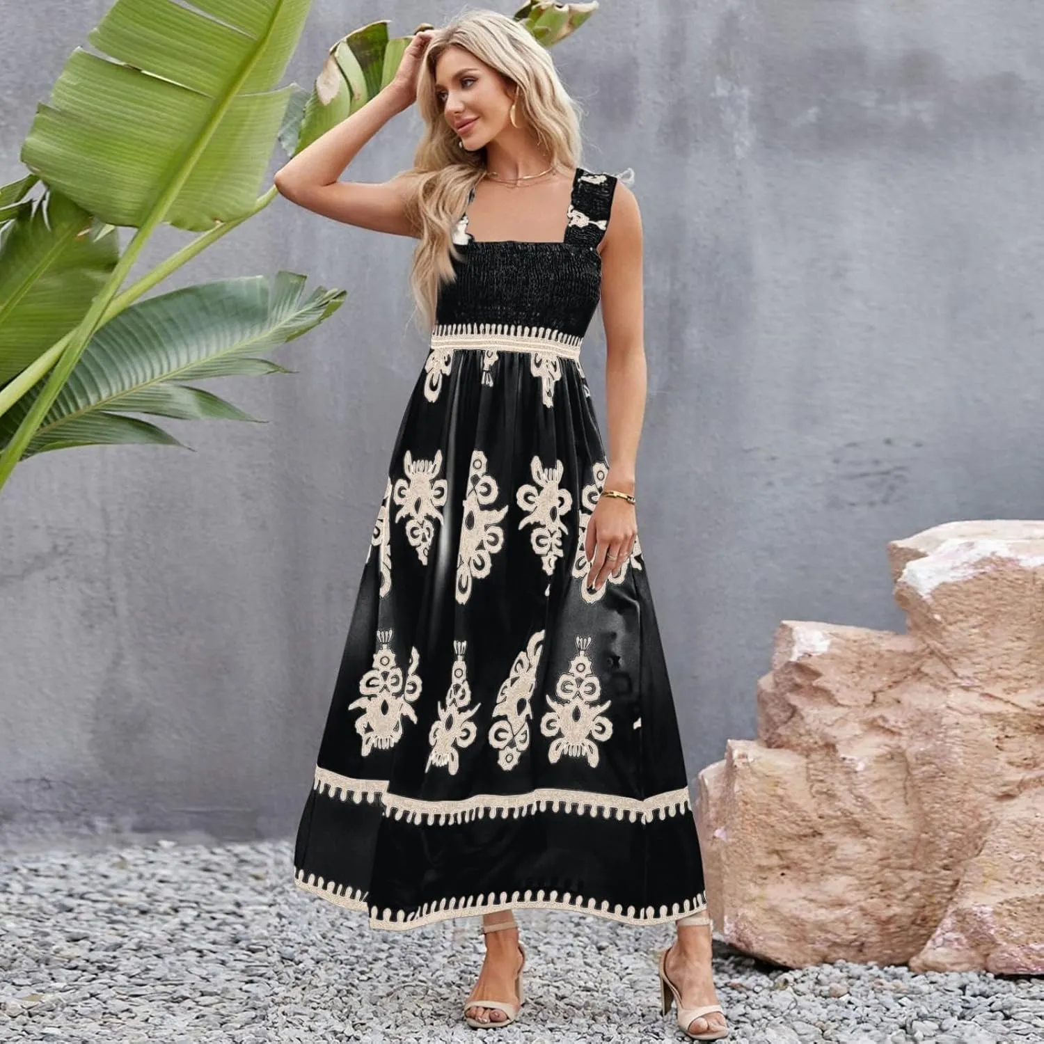 Maxi Sundress Boho Summer Beach Vacation Loose Sleeveless Smocked Empire Waist A Line Dress Casual Long Flowy Dresses