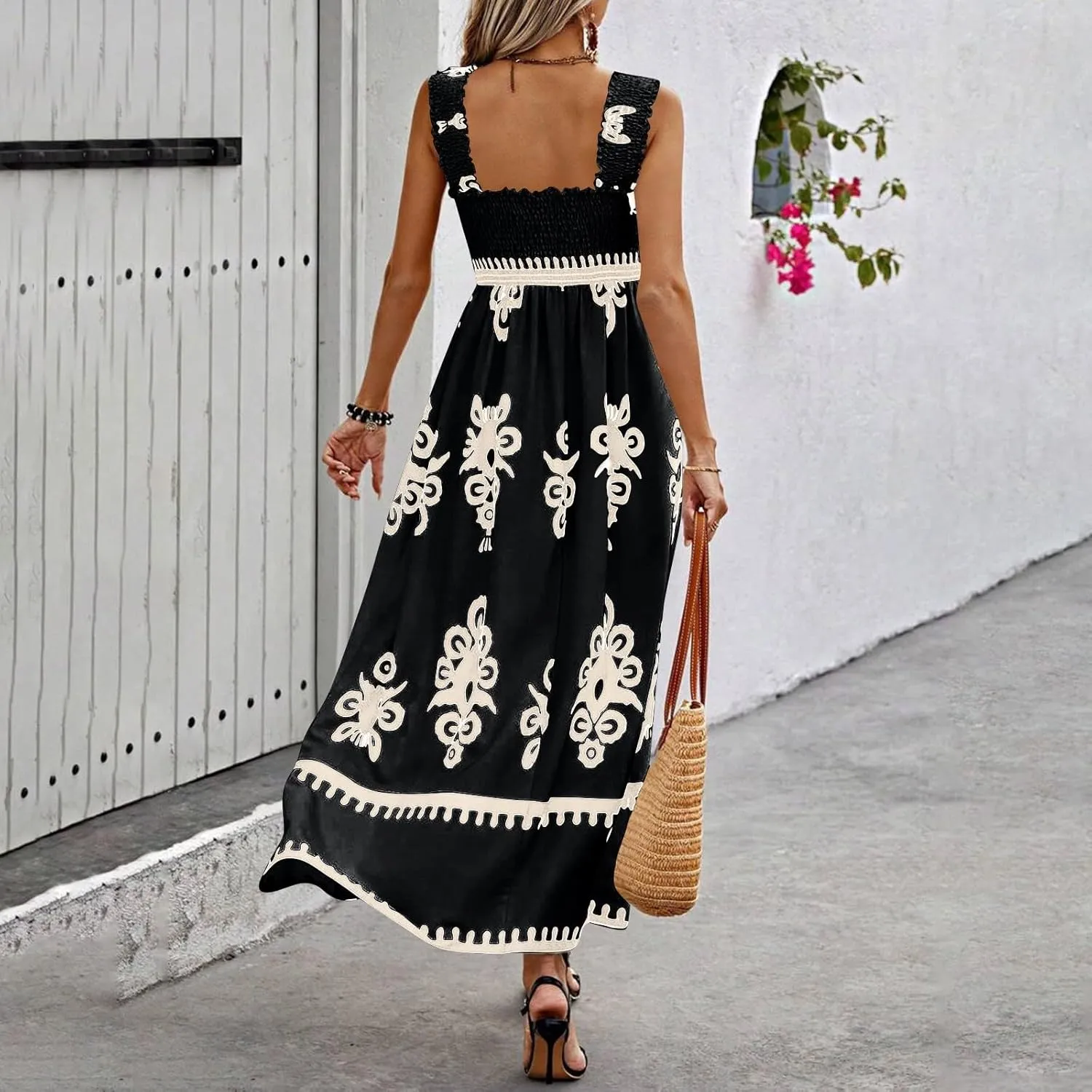 Maxi Sundress Boho Summer Beach Vacation Loose Sleeveless Smocked Empire Waist A Line Dress Casual Long Flowy Dresses