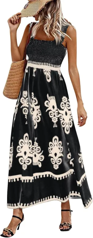 Maxi Sundress Boho Summer Beach Vacation Loose Sleeveless Smocked Empire Waist A Line Dress Casual Long Flowy Dresses