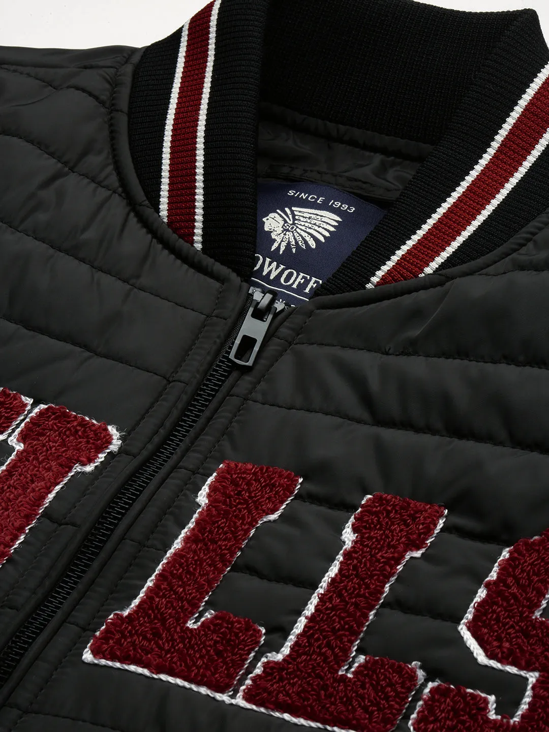 Men Black Typography Embroidered Windcheater Bomber Jacket