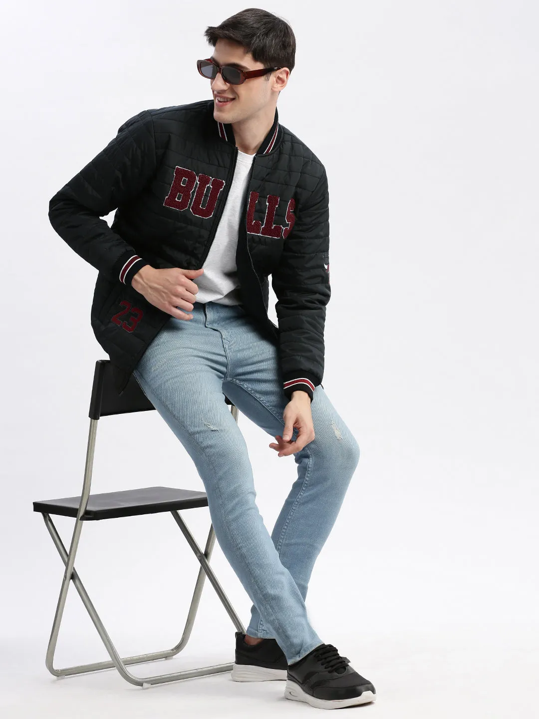 Men Black Typography Embroidered Windcheater Bomber Jacket