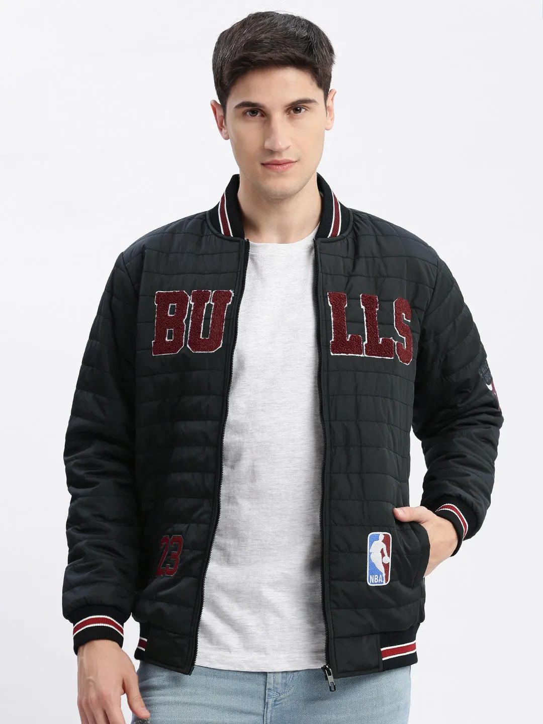 Men Black Typography Embroidered Windcheater Bomber Jacket