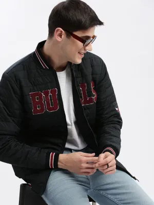 Men Black Typography Embroidered Windcheater Bomber Jacket