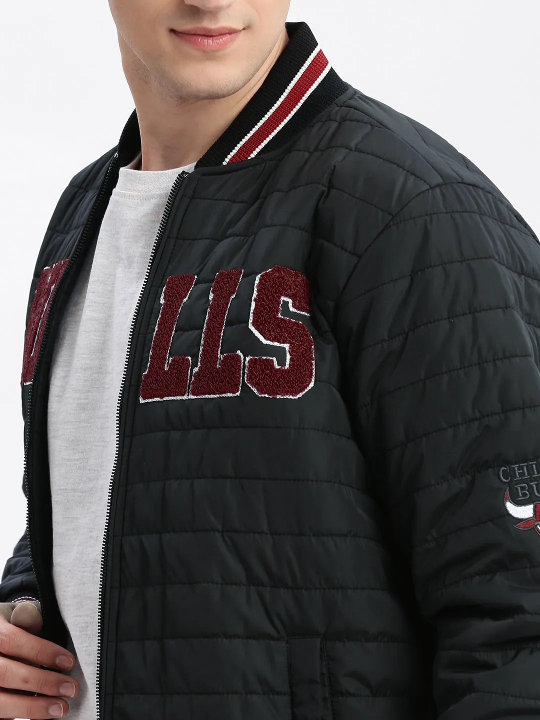 Men Black Typography Embroidered Windcheater Bomber Jacket