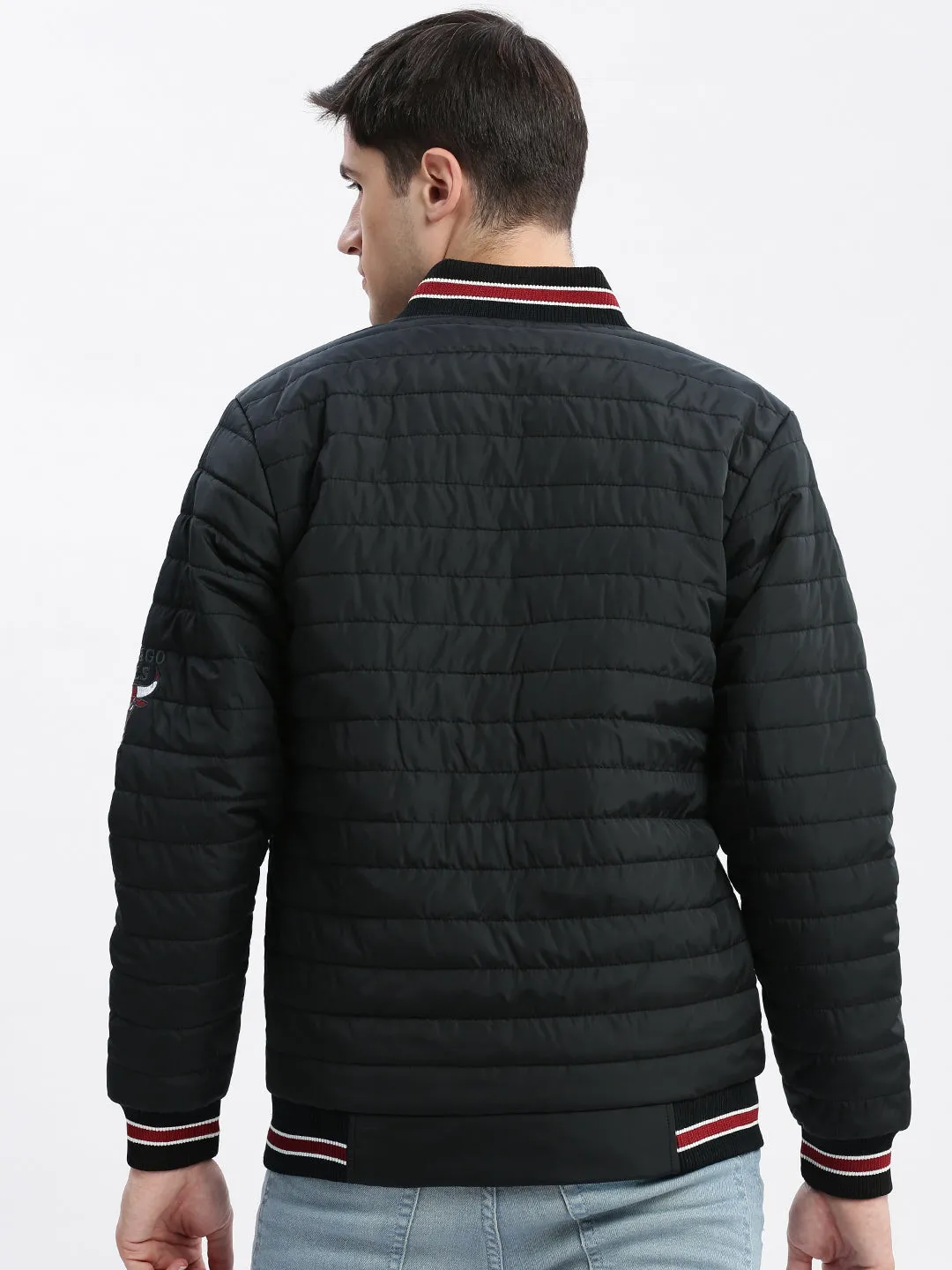 Men Black Typography Embroidered Windcheater Bomber Jacket