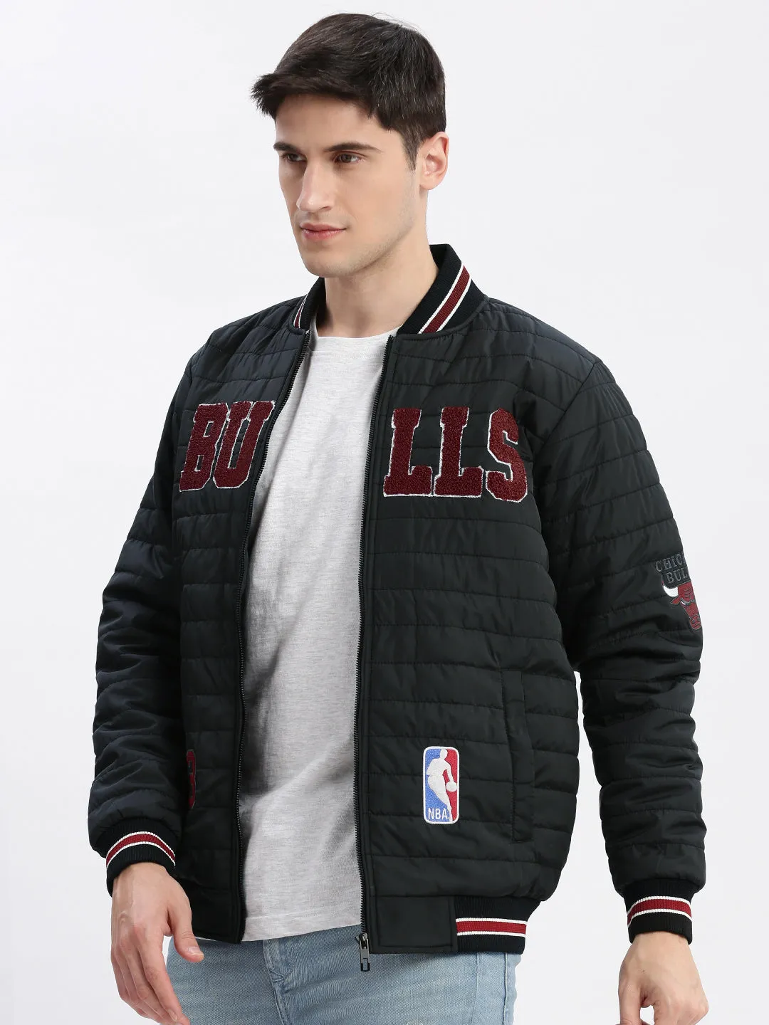 Men Black Typography Embroidered Windcheater Bomber Jacket