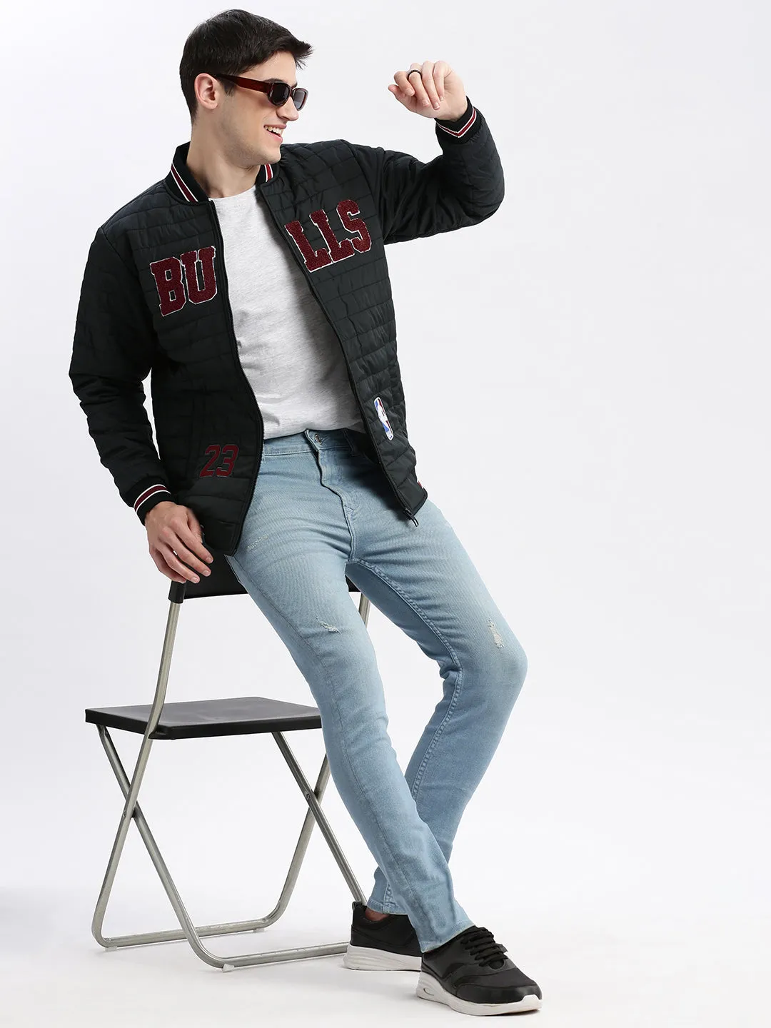 Men Black Typography Embroidered Windcheater Bomber Jacket