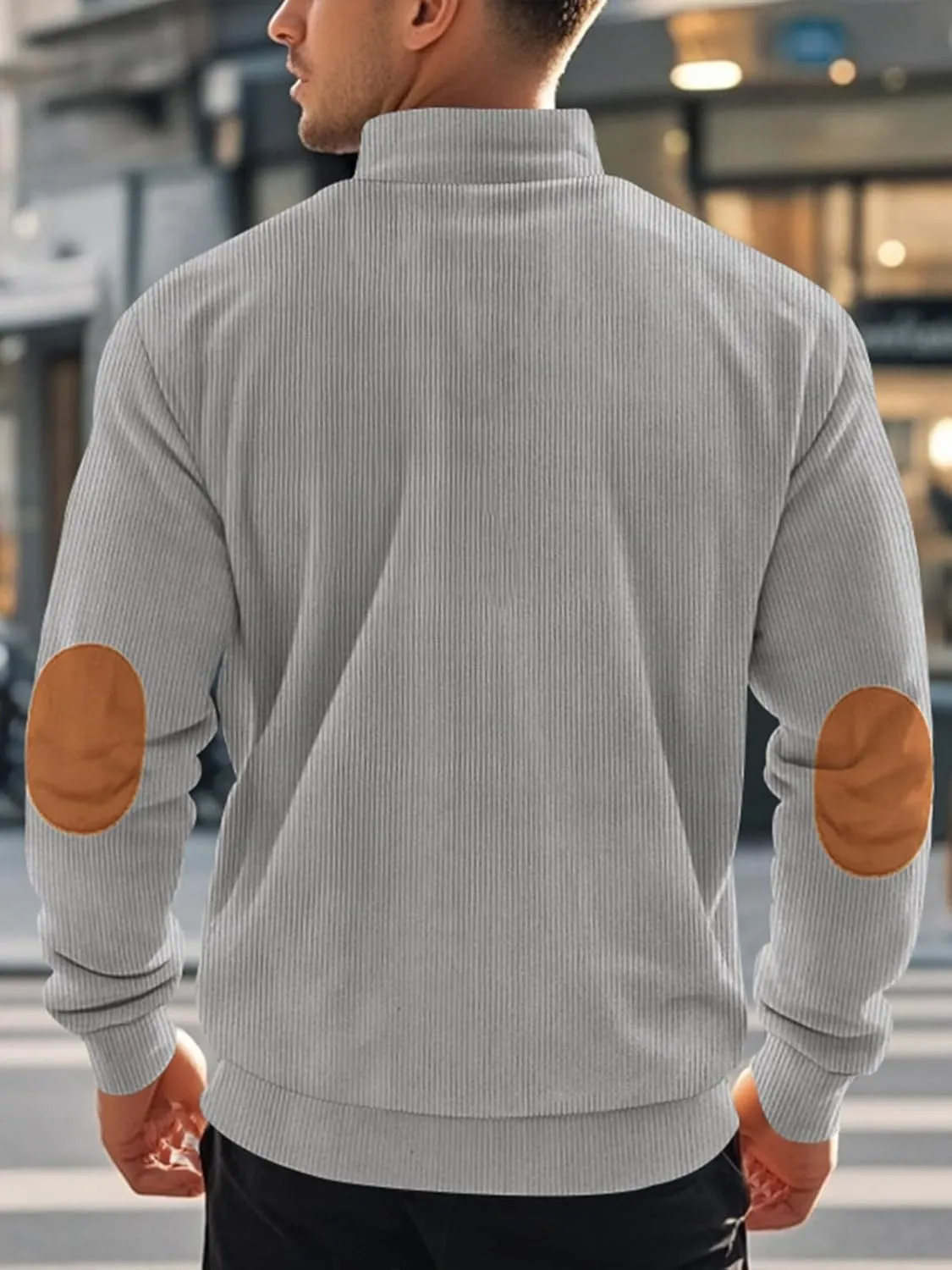Men's Quarter Zipper Pullover Corduroy Crew Neck Sweatshirt Spring Autumn Casual Knit Long Sleeve Polo Shirt